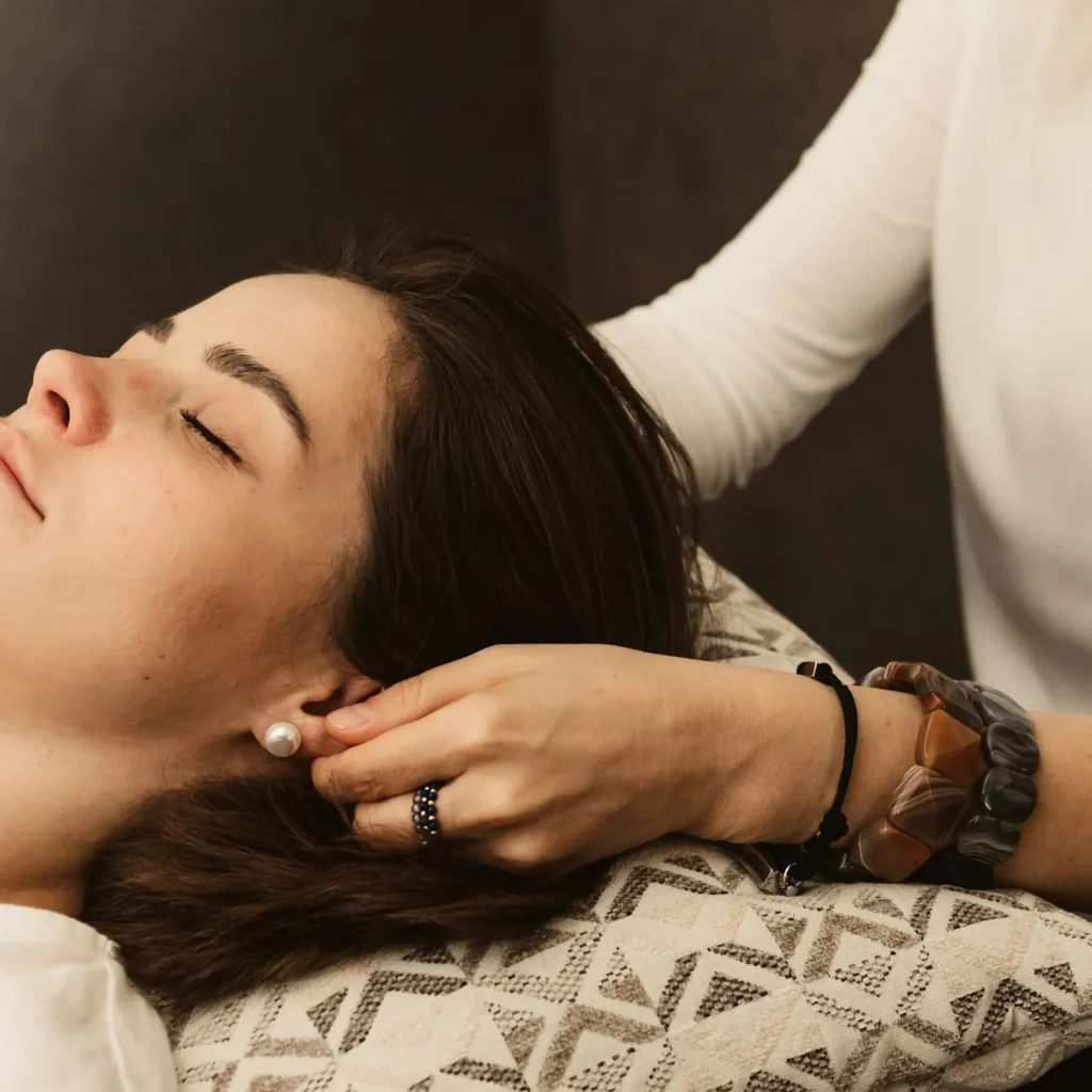 Terapeuta trabajando la zona del oído y la mandíbula