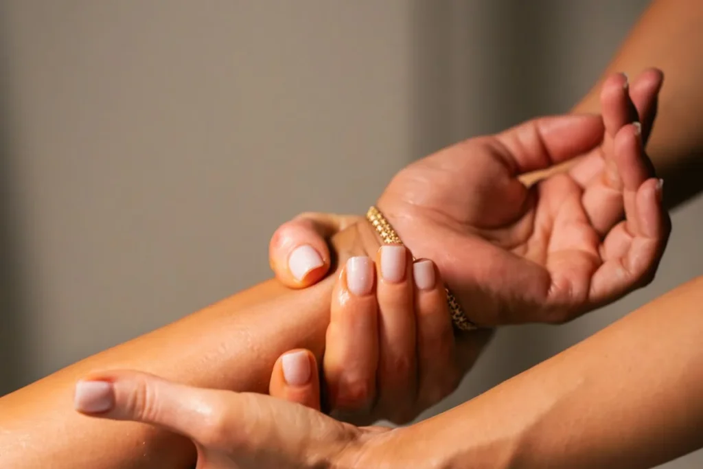 Manos trabajando el antebrazo con presión suave